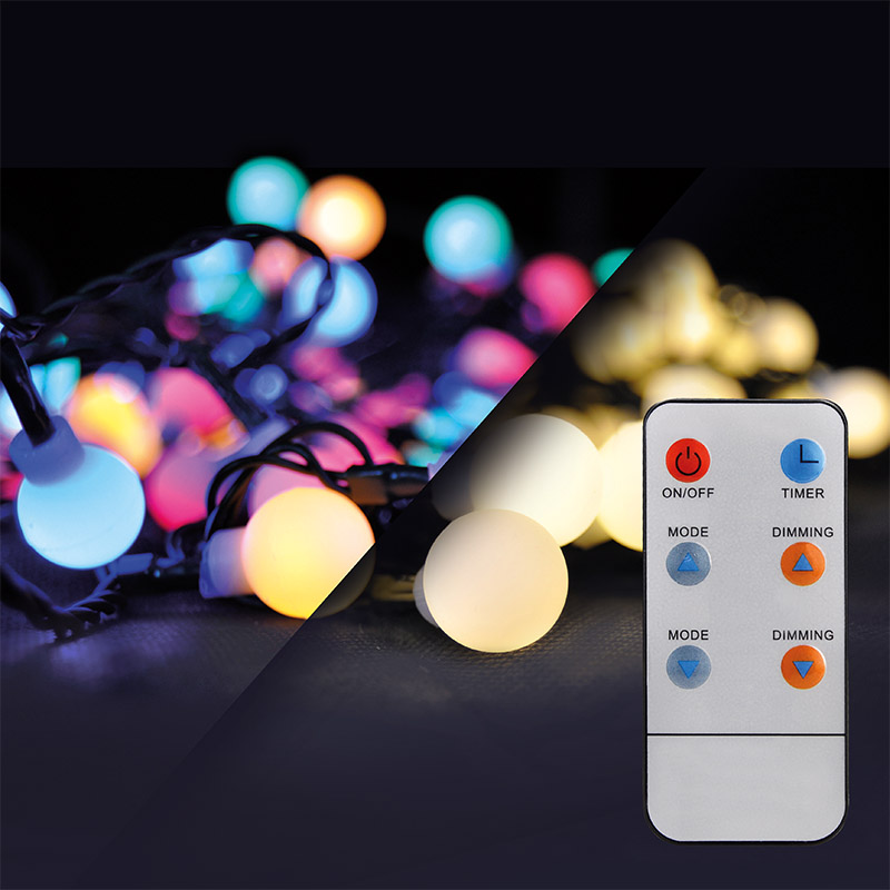 Solight LED 2in1 jõulukett, pall, puldiga, 200LED, RGB+valge, 20m+5m, 8 funktsiooni, IP44