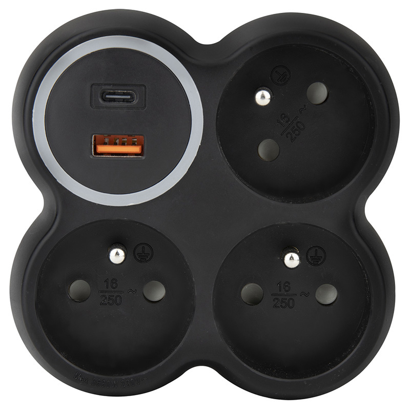 Solight jaotur, 3x 15A, USB A+C kiirlaadija 20W PD, matt must