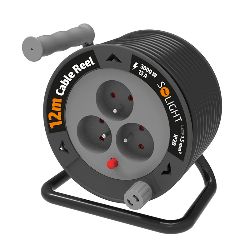 Solight pikendusjuhe trumlil 12m, 3 pistikupesa, must kaabel, 3x 1,5mm2