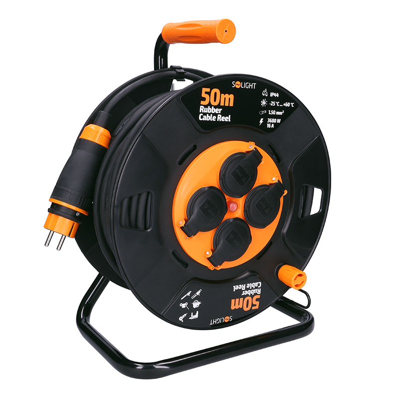 Solight pikendusjuhe trumlil, 4 pistikupesa, välistingimustesse, 50m kummikaabel, 3x 1,5mm², IP44