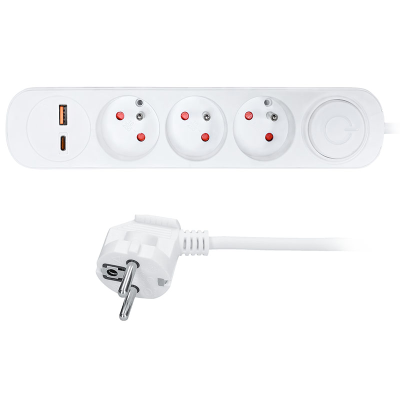 Solight pikendusjuhe 3 pesaga, USB A+C 20W PD, 3m, 3 x 1mm2, valge, sisse/välja lüliti