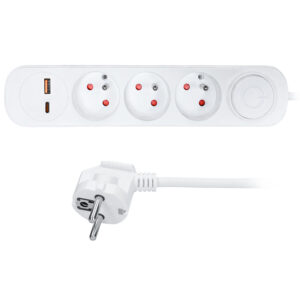Solight pikendusjuhe 3 pesaga, USB A+C 20W PD, 5m, 3 x 1mm2, valge, sisse/välja lüliti