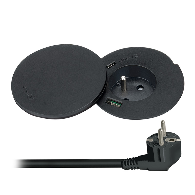 Solight sisseehitatud pistikupesa + USB A+C + juhtmevaba 10W, pöörlev kork, 2m kaabel, must