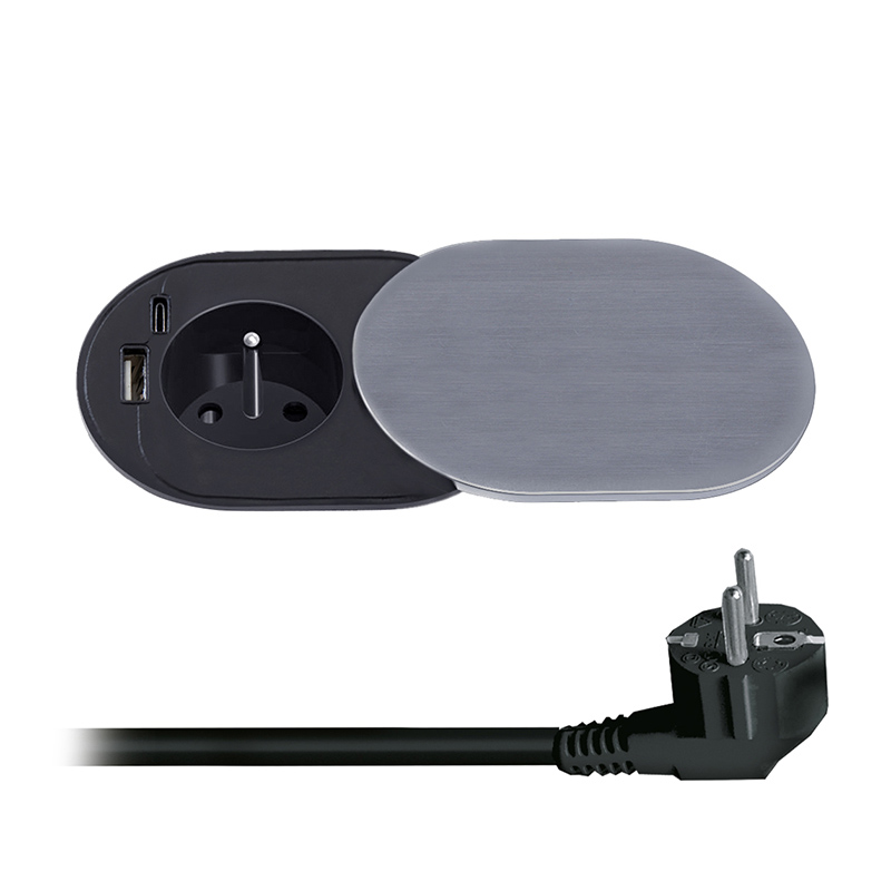 Solight 1z + USB A+C 20W PD sisseehitatud pistikupesa libiseva kaanega, 2m, hõbedane