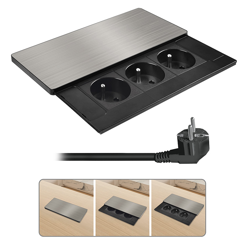 Solight sisseehitatud pistikupesaplokk libiseva kaanega, 3 pistikupesa, 2m, hõbedane