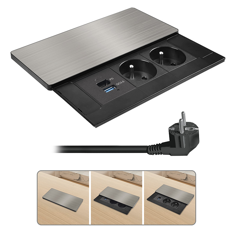 Solight sisseehitatud pistikupesaplokk liugkaanega, 2 pistikupesa, USB A+C 20W PD, 2m, hõbedane