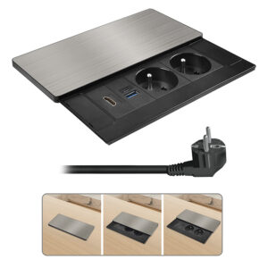 Solight sisseehitatud pistikupesaplokk liugkaanega, 2 pistikupesa, HDMI, USB A+C 20W PD, 2m, hõbedane