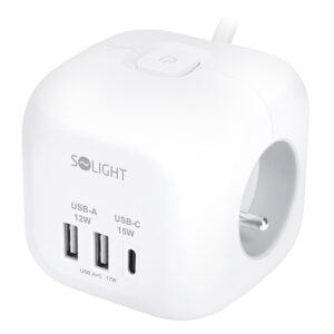 Solight 3z + USB A+C pikendusjuhe - kuubik, kaabel 2m, 3 x 1mm2, valge, sisse/välja lüliti