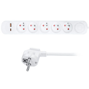 Solight pikendusjuhe 5 pesaga, USB A+C 20W PD, 3m, 3 x 1mm2, valge, sisse/välja lüliti