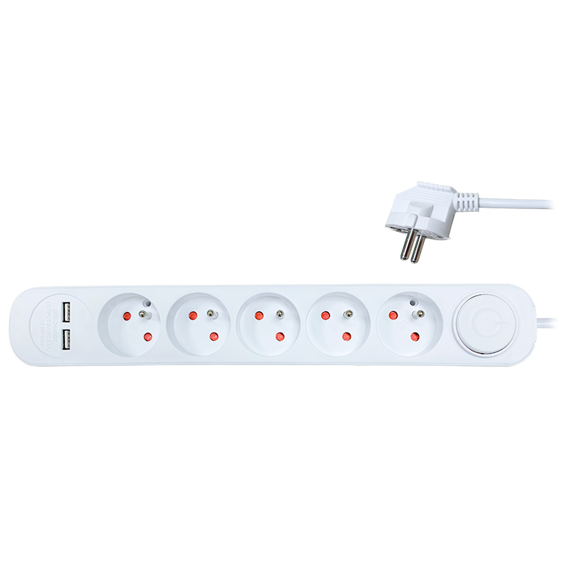 Solight pikendusjuhe 5 pesaga, USB A+A laadija 12W, 3m, 3 x 1mm2, valge, sisse/välja lüliti