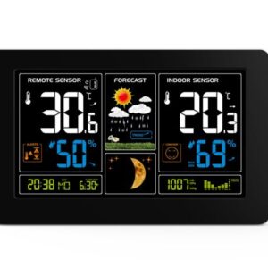 Solighti ilmajaam, eriti suur värviline LCD, temperatuur, niiskus, rõhk, RCC, USB-laadimine, must